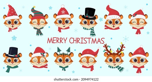 Happy New Year and Merry Christmas. A set of twelve heads of cute tiger in Santa carnival hats and scarves and other accessories and snowflakes. Cartoon, flat style, vector