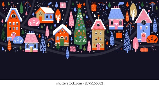 Happy New Year and Merry Christmas. Night cute town on background a winter landscape. Hand drawn illustration of Christmas tree, city, houses, streets. Bright colored horizontal banner, card, poster