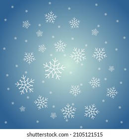 Happy New Year, Merry Christmas. Abstract festive background. Snowflakes of different sizes. against the background of the blue sky. Material for the designer. Isolated object Vector illustration