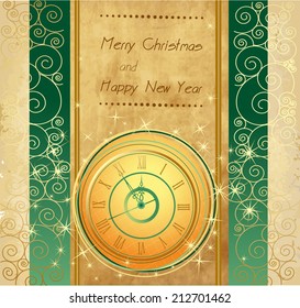 Happy New Year and Merry Christmas vintage background with clock