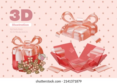 Happy New year and merry Christmas happy Birthday happy valentine day red clear glass gift box with golden bow on a transparent background