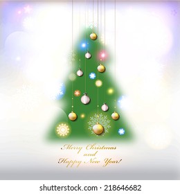 Happy New Year and Merry  Christmas Tree card or  background with  trees,ribbons, bows,  balls and stars.  Vector art.