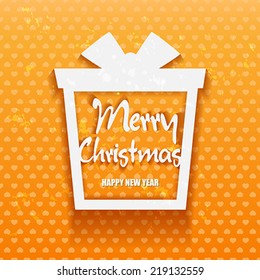 Happy New Year and Merry Christmas Gift greeting card on orange background.  Vector illustration.