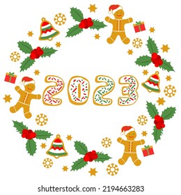 Happy New Year Merry Christmas vector illustration Fun cartoon gingerbread man, mistletoe, bell, Santa hat, numbers 2023 on white backdrop. Christmas cookies. Winter holiday. Festive background