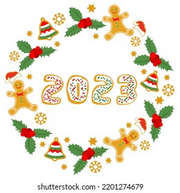 Happy New Year Merry Christmas vector illustration Fun cartoon gingerbread man, mistletoe, bell, Santa hat, numbers 2023 on white backdrop. Christmas cookies. Winter holiday. Festive background