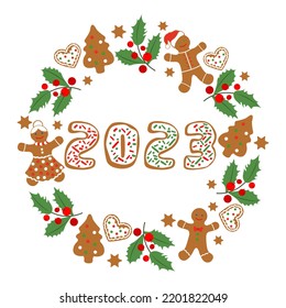 Happy New Year Merry Christmas vector illustration Fun cartoon gingerbread man, mistletoe, Christmas tree, heart, numbers 2023 on white backdrop. Christmas cookies. Winter holiday. Festive background