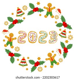 Happy New Year Merry Christmas vector illustration Fun cartoon gingerbread man, mistletoe, bell, Santa hat, numbers 2023 on white backdrop. Christmas cookies. Winter holiday. Festive background