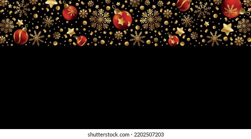 Happy New Year and Merry Christmas greeting card, holiday banner, web poster. Dark background with shining golden snowflakes and red Christmas balls - Vector illustration