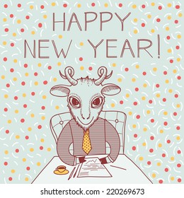 Happy New Year and Merry Christmas! Vector business greeting card with the image of a goat.