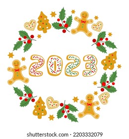 Happy New Year Merry Christmas vector illustration Fun cartoon gingerbread man, mistletoe, Christmas tree, heart, numbers 2023 on white backdrop. Christmas cookies. Winter holiday. Festive background