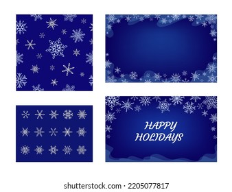 Happy New Year. Merry Christmas design collection. Design bundle with card, dark-blue background, snowflake collection, seamless pattern