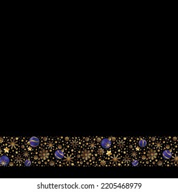 Happy New Year and Merry Christmas greeting card, holiday banner, web poster. Dark background with shining golden snowflakes and blue Christmas balls - Vector illustration