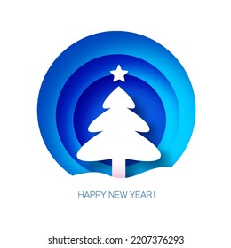 Happy New Year and Merry Christmas paper cut art craft style. Christmas tree. Winter forest. Star.