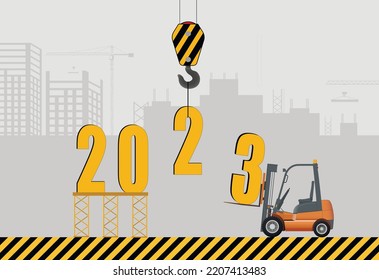 Feliz Año Nuevo y Feliz Navidad. Instalación de 2023 con el telón de fondo de una obra. Ilustración vectorial plana.