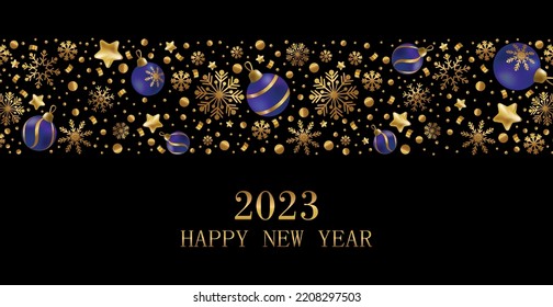 Happy New Year and Merry Christmas greeting card, holiday banner, web poster. Christmas background with shining golden snowflakes and blue Christmas balls - Vector illustration