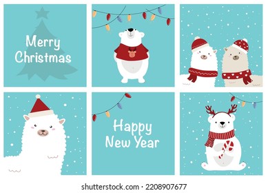 happy new year merry christmas xmas set polar bear deer snowman garland snow snowball