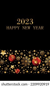 Happy New Year and Merry Christmas greeting card, holiday banner, web poster. Christmas background with shining golden snowflakes and red Christmas balls - Vector illustration