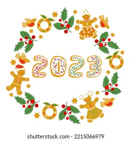 Happy New Year Merry Christmas vector illustration Fun cartoon gingerbread man, mistletoe, bird, Christmas wreath, numbers 2023 on white backdrop. Christmas cookies. Winter holiday. Festive background