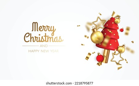 Happy New Year and Merry Christmas. Christmas holiday background with realistic 3d object, red christmas tree and gold balls. Golden snowflake. Levitation falling design composition