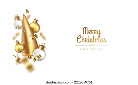 Happy New Year and Merry Christmas. Christmas holiday background with realistic 3d object, gold christmas balls, conical christmasl tree. Levitation falling design composition