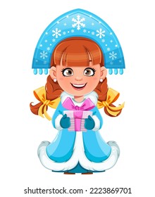 Happy New Year and Merry Christmas. Russian Snegurochka (Snow Maiden) holding gift box. 