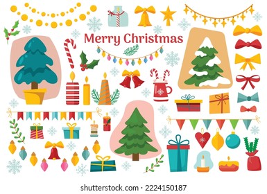 Happy New Year and Merry Christmas! Lovely cozy decorations and decor, candles, gifts. garlands, toys for the Christmas tree, bell, Christmas trees and mistletoe on a white background.