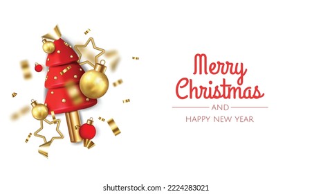 Happy New Year and Merry Christmas. Christmas holiday background with realistic 3d object, gold christmas balls, conical christmasl tree. Levitation falling design composition