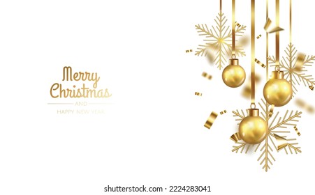 Happy New Year and Merry Christmas. Background with realistic holiday ball. White and gold christmas balls,shiny confetti and gold snowflake