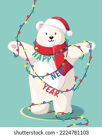 Happy New Year   Merry Christmas  Christmas white bear and New Year  Illustration with
christmas lights  Vector 