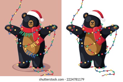 Happy New Year and Merry Christmas. Christmas black bear with New Year. Illustration with
christmas lights. Vector.