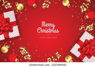 Happy New Year and Merry Christmas. Christmas holiday background with realistic 3d object, christmas balls, gifts.