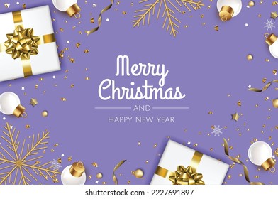 Happy New Year and Merry Christmas. Christmas holiday background with realistic 3d object, christmas balls, gifts.