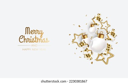 Happy New Year and Merry Christmas. Background with realistic holiday ball. White and gold christmas balls,shiny confetti and gold snowflake, stars