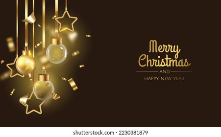Happy New Year and Merry Christmas. Background with realistic holiday ball. White and gold christmas balls,shiny confetti and gold snowflake