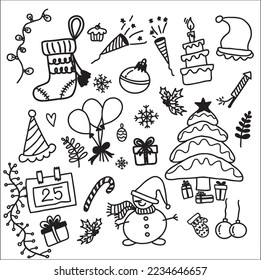 Happy New Year and Merry Christmas doodle set. Hand drawn vector illustration.