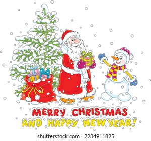 Happy New Year and merry Christmas card with Santa Claus and a funny toy snowman with a snowy fir tree and a magic bag of holiday gifts for little kids, vector cartoon illustration