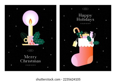 Feliz año nuevo y Feliz diseño de navidad. Calcetines, Velas, Berry Holly, Bow. Cartel de bienvenida de temporada, afiche, folleto. Gradiente vibrante de nueva generación. Estilo moderno. Ilustración vectorial plana de moda.