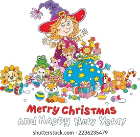 Happy New Year and merry Christmas card with a smiling little witch and a bag of holiday gifts, sweets and funny toys, vector cartoon illustration isolated on a white background