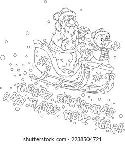 Happy New Year and Merry Christmas card with Santa Claus and a funny toy snowman with a magic bag of holiday gifts sledding down a snow hill and waving in greeting, vector cartoon illustration