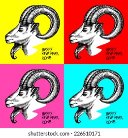 Happy New Year and Merry Christmas card. Hand drawn sketch portrait of goat. Vector illustration. Andy Warhol style
