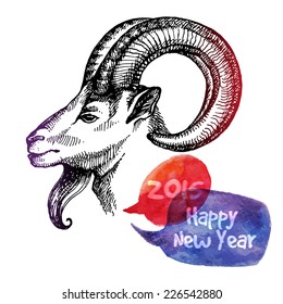 Happy New Year and Merry Christmas card. Hand drawn sketch portrait of goat. Vector illustration