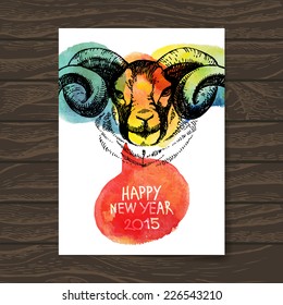 Happy New Year and Merry Christmas card. Watercolor hand drawn sketch portrait of sheep. Vector illustration