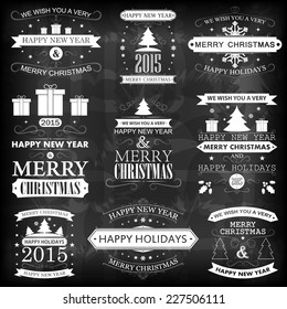 Happy New Year, Merry Christmas and Happy Holidays vintage retro labels set, vector illustration for holiday design. Party poster, greeting card, banner or invitation.