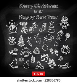  Happy New Year and Merry Christmas set on a chalk board
