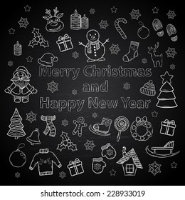  Happy New Year and Merry Christmas set on a chalk board