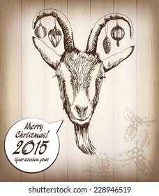 Happy New Year and Merry Christmas card. Hand drawn sketch portrait of sheep