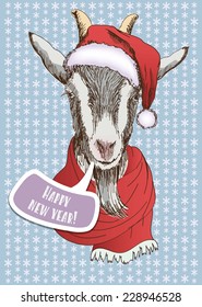 Happy New Year and Merry Christmas card. Hand drawn sketch portrait of sheep