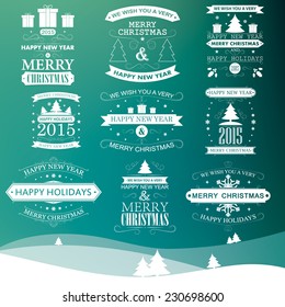 Happy New Year, Merry Christmas and Happy Holidays vintage retro labels set, vector illustration for holiday design. Party poster, greeting card, banner or invitation.
