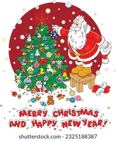 Happy New Year and merry Christmas card with funny Santa Claus decorating a pretty green fir tree with his colorful toys, bright balls and garlands, vector cartoon illustration on white