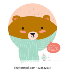 Happy New Year and merry Christmas card with cartoon and funny animals with place text. Cute bear wrapped in a scarf, congratulates all of the holidays. Can be used like greeting or postal card